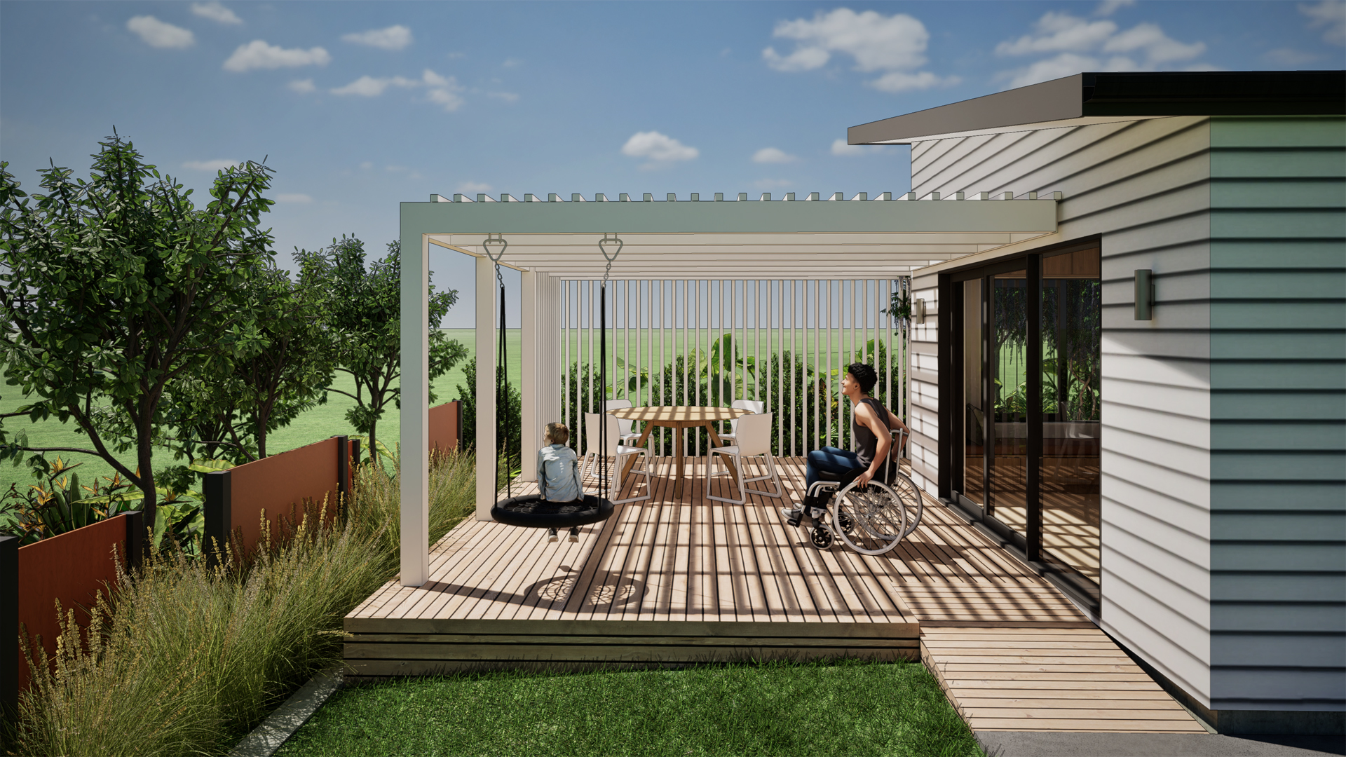 Living Extension - accessible outdoor deck with pergola, connecting family and wheelchair access to the garden